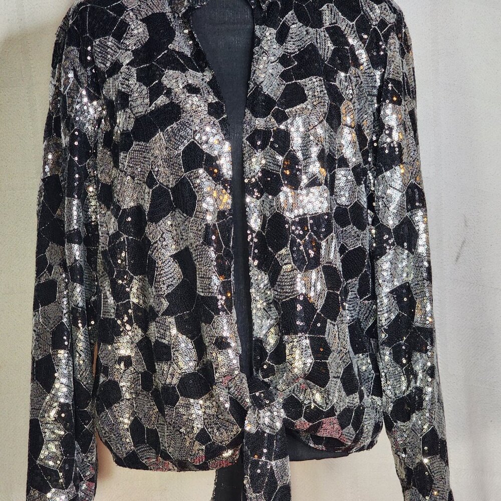 Chico's Black Silver Sequin Twilight Dazzle Tropez Poly Jacket Sz Chico 3 US XL - Picture 4 of 16